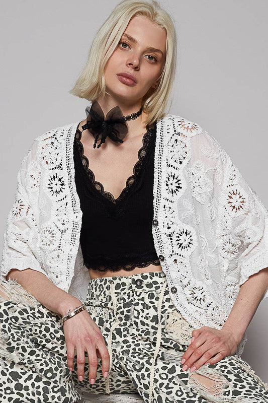 Crochet V-Neck Cardigan:OFF WHITE