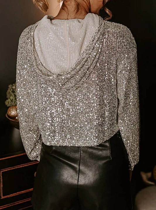 Sequin Hooded Long Sleeve Top: Beige