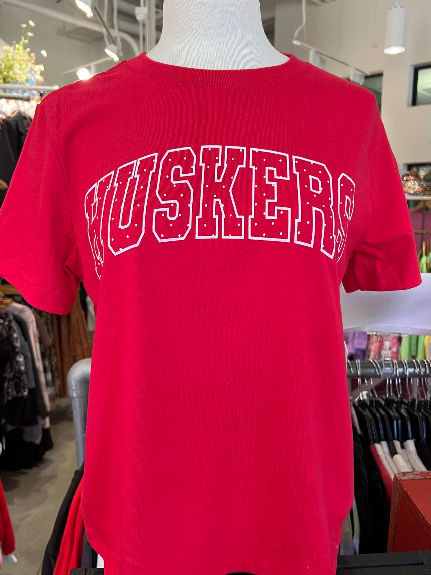 Huskers Red Polka Dot SS Long Cropped Tee