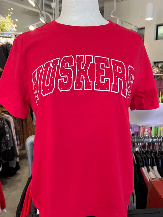Huskers Red Polka Dot SS Long Cropped Tee