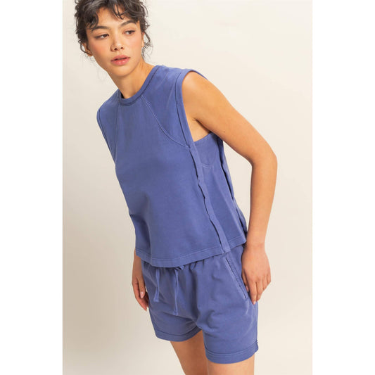 Round Neck Sleeveless Top: DUSTY INDIGO