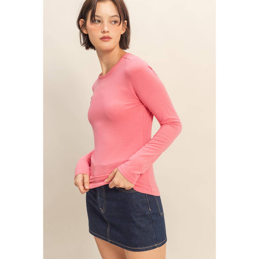 Basic Long Sleeve Crew Neck Top: TAFFY PINK