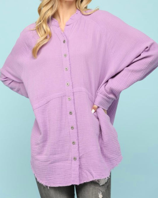 Gauze Button Down Pocket Top