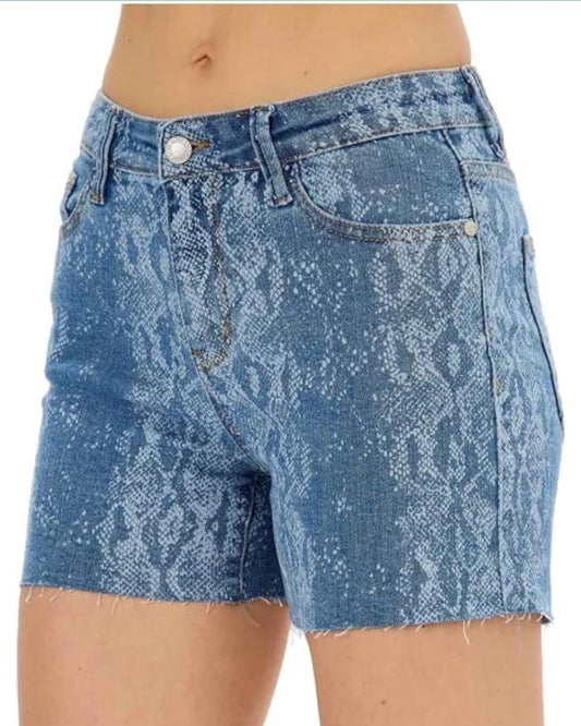 Mid Rise Snake Print Denim Shorts