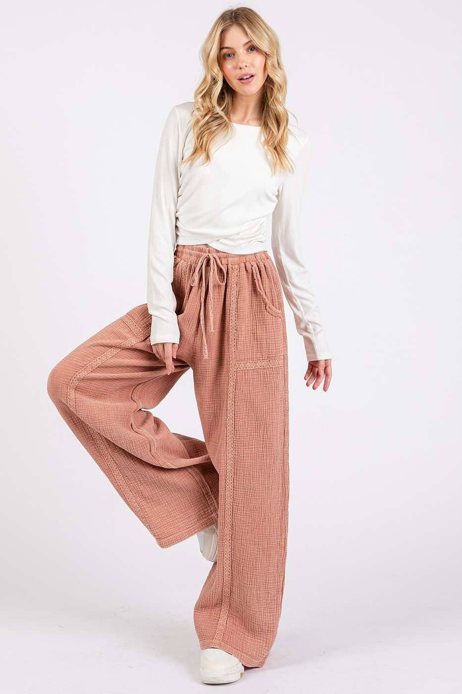 Lace Detail Elastic Waist Gauze Pants