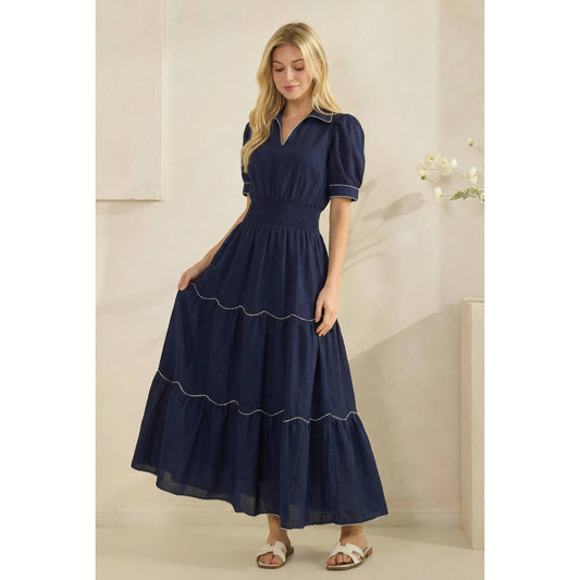 Smocked Waist Navy Dress