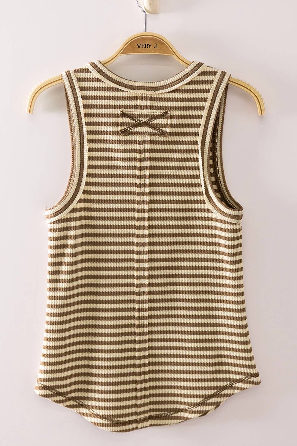 Striped Button Down Fitted Knit Tank Top: MOCHA STRIPE