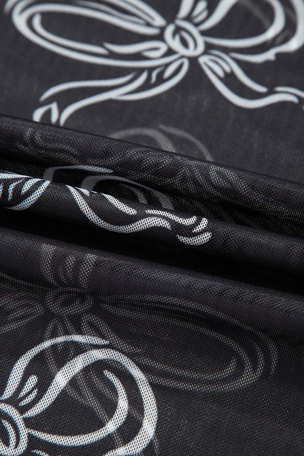 Bow Print Long Sleeve Mesh Top