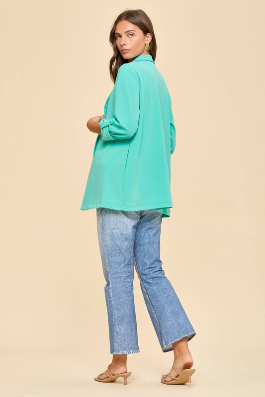 Open Front Boyfriend Blazer: Aqua