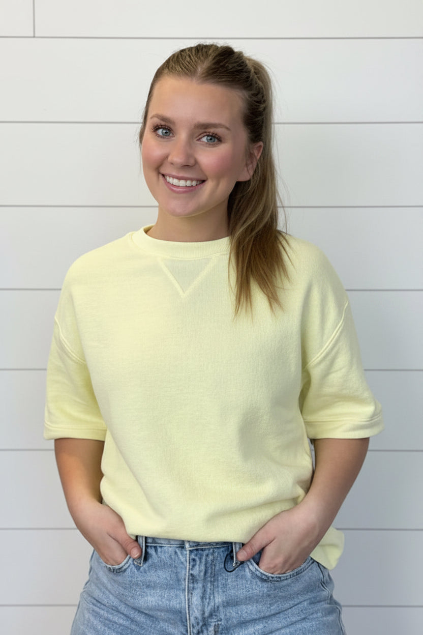 Crew Neck Short Sleeve Top: PALE YELLOW
