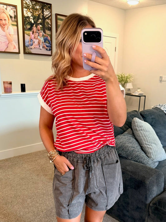 Red Stripe Cap Sleeve Tee