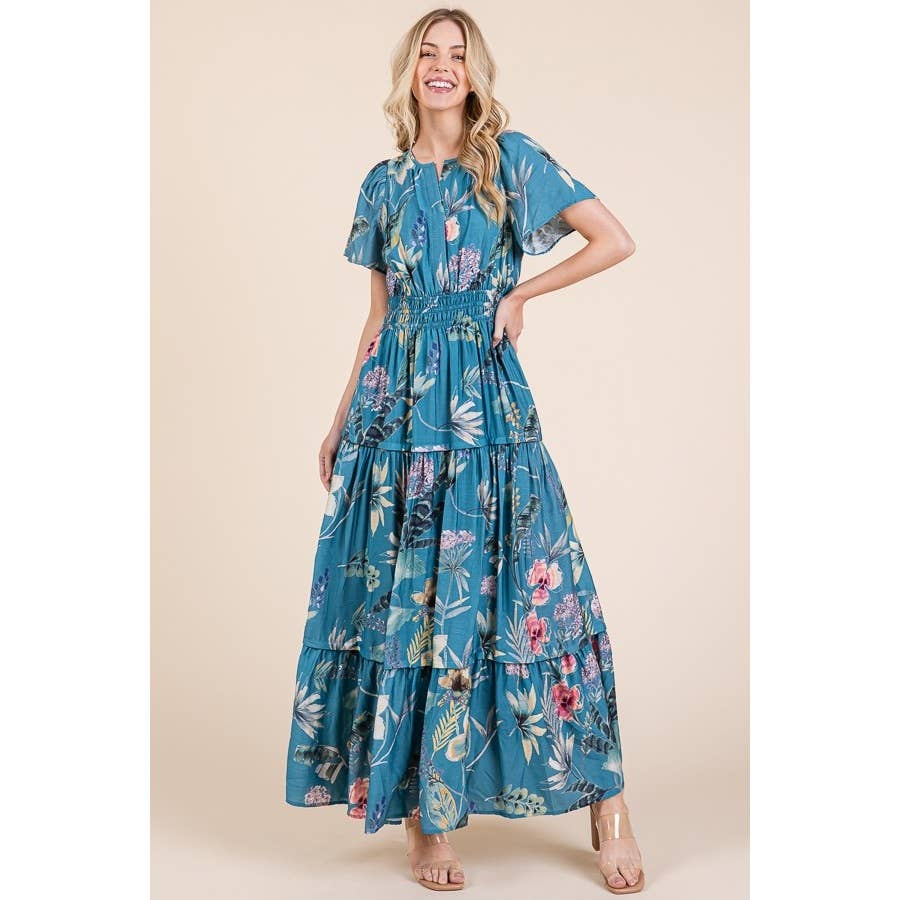 Floral Print Split Neck Tiered Maxi Dress: BLUE COMBO