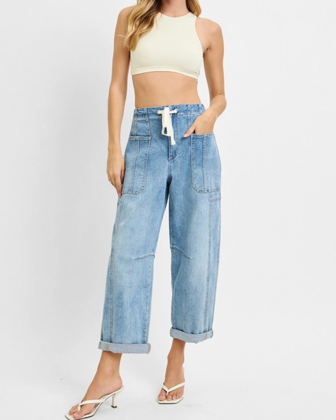 HR Crop Barrel Drawstring Cargo Denim