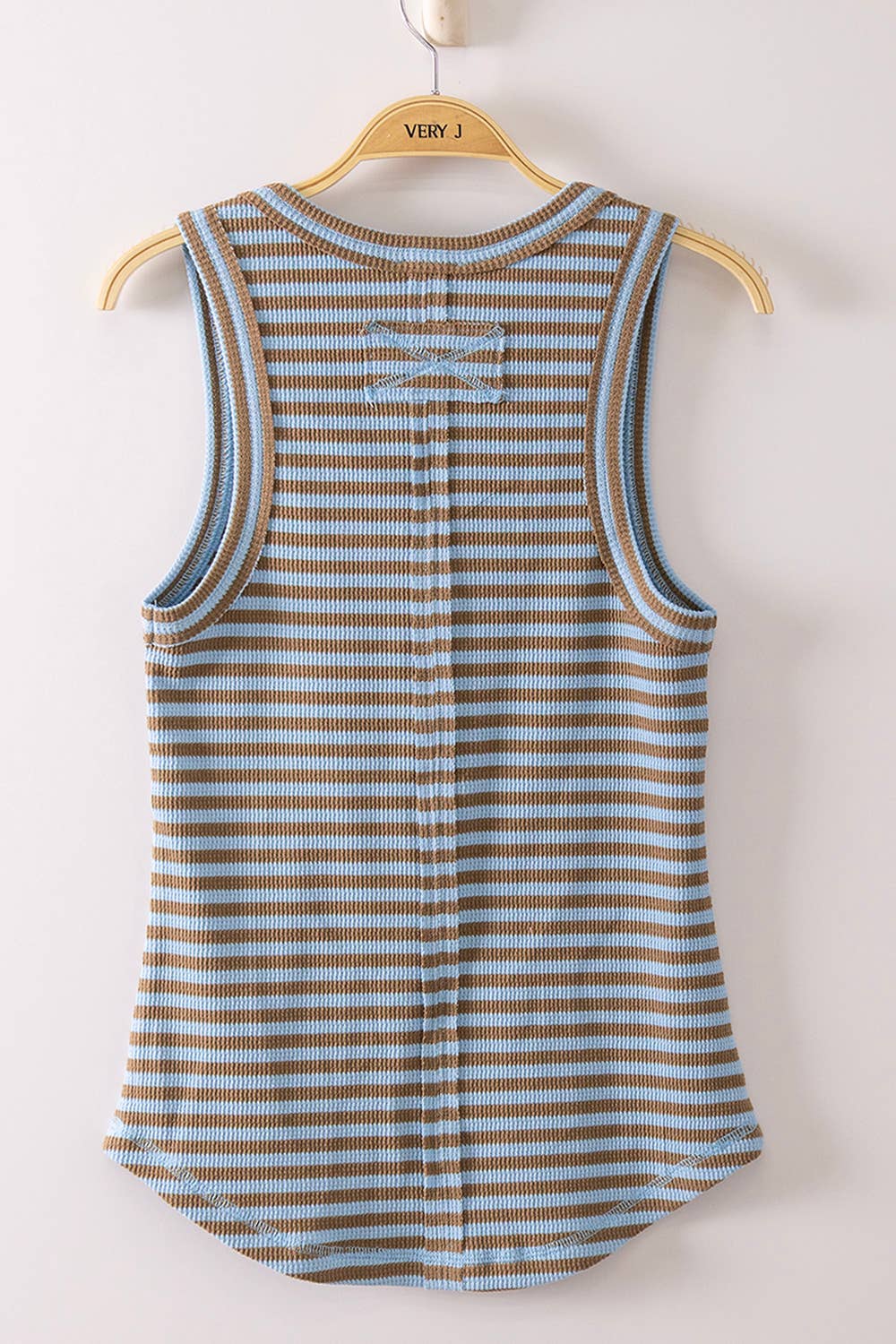 Striped Button Down Fitted Knit Tank: SKY/MOCHA STRIPE