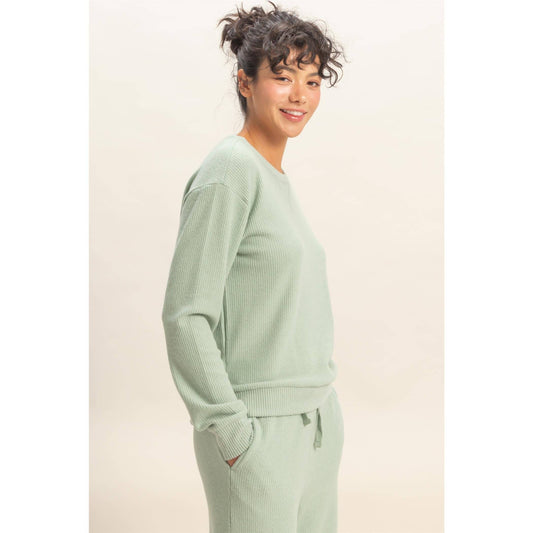 Brushed Crew Neck Long Sleeve Top: SAGE GREEN