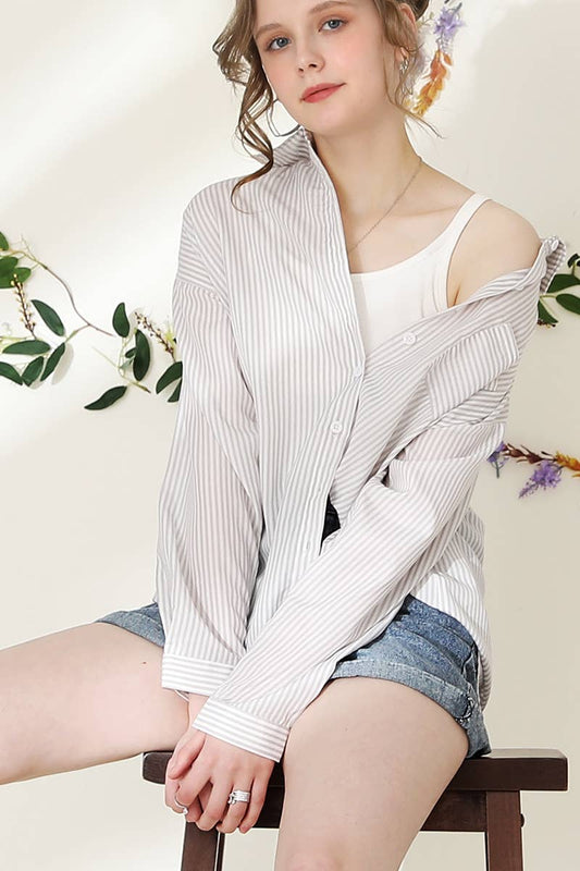 Striped Button Down Long Sleeve Shirt: GREYWHITE