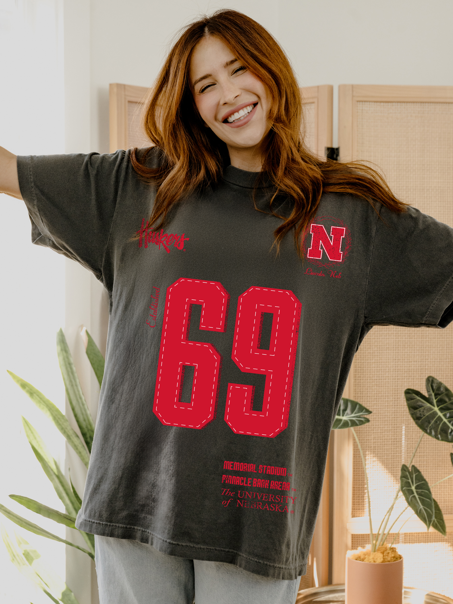 Nebraska Huskers Crest Stamp Black Distressed Tee