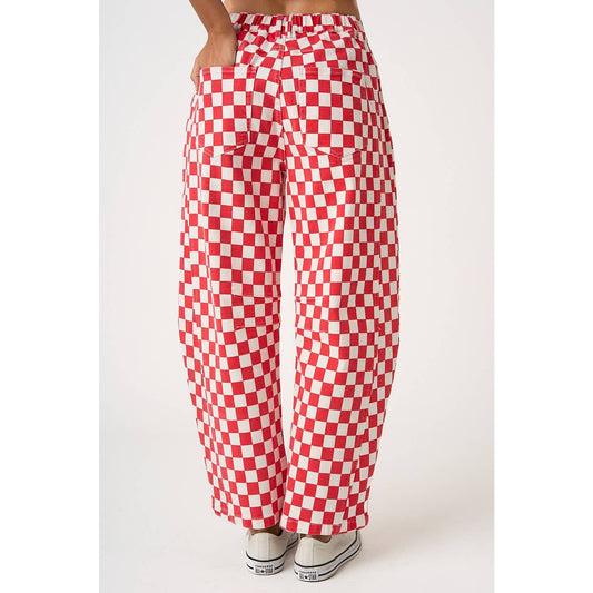 GAME DAY CHECKERED ELASTIC WAIST BARREL PANTS: RED