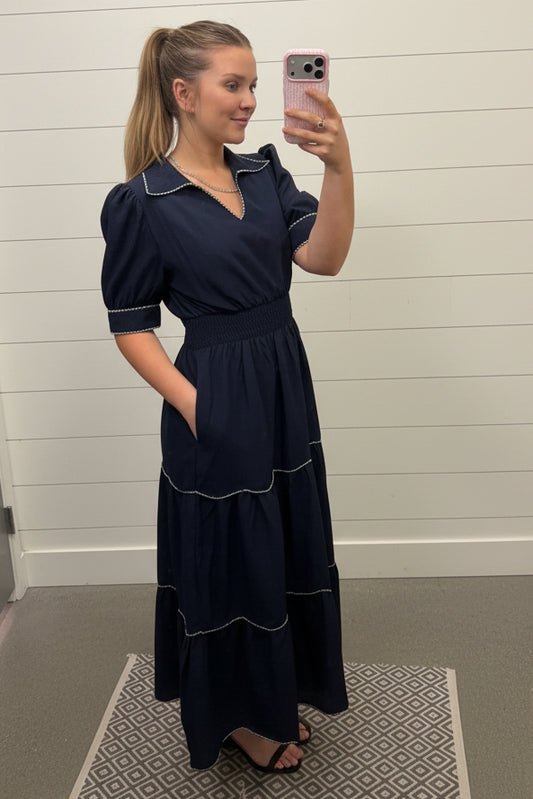 Smocked Waist Navy Dress