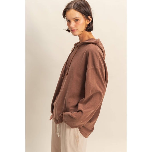 Oversized Hooded Long-Sleeve Top: CHESTNUT