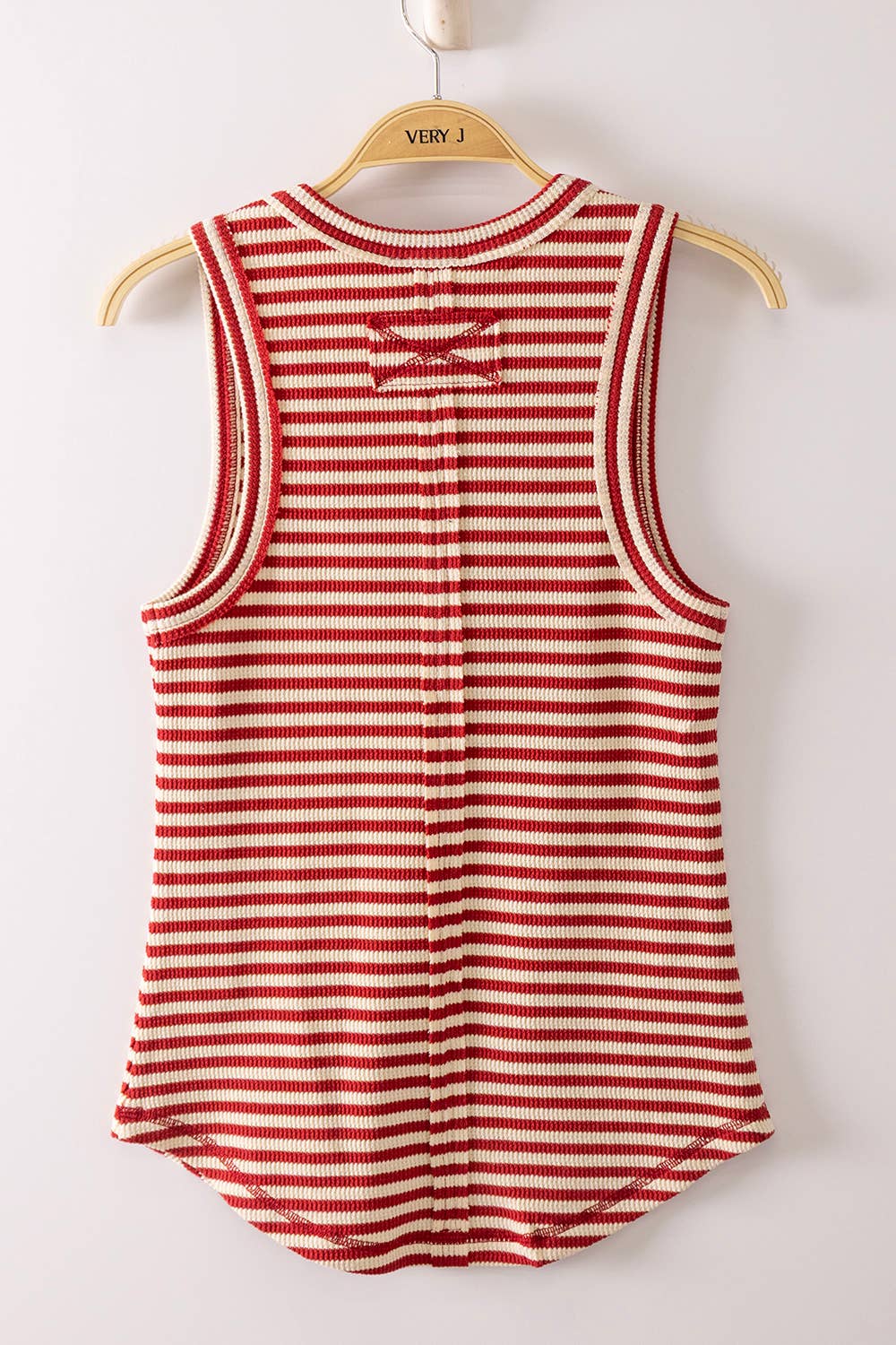 Striped Button Down Fitted Knit Tank Top: RED STRIPE