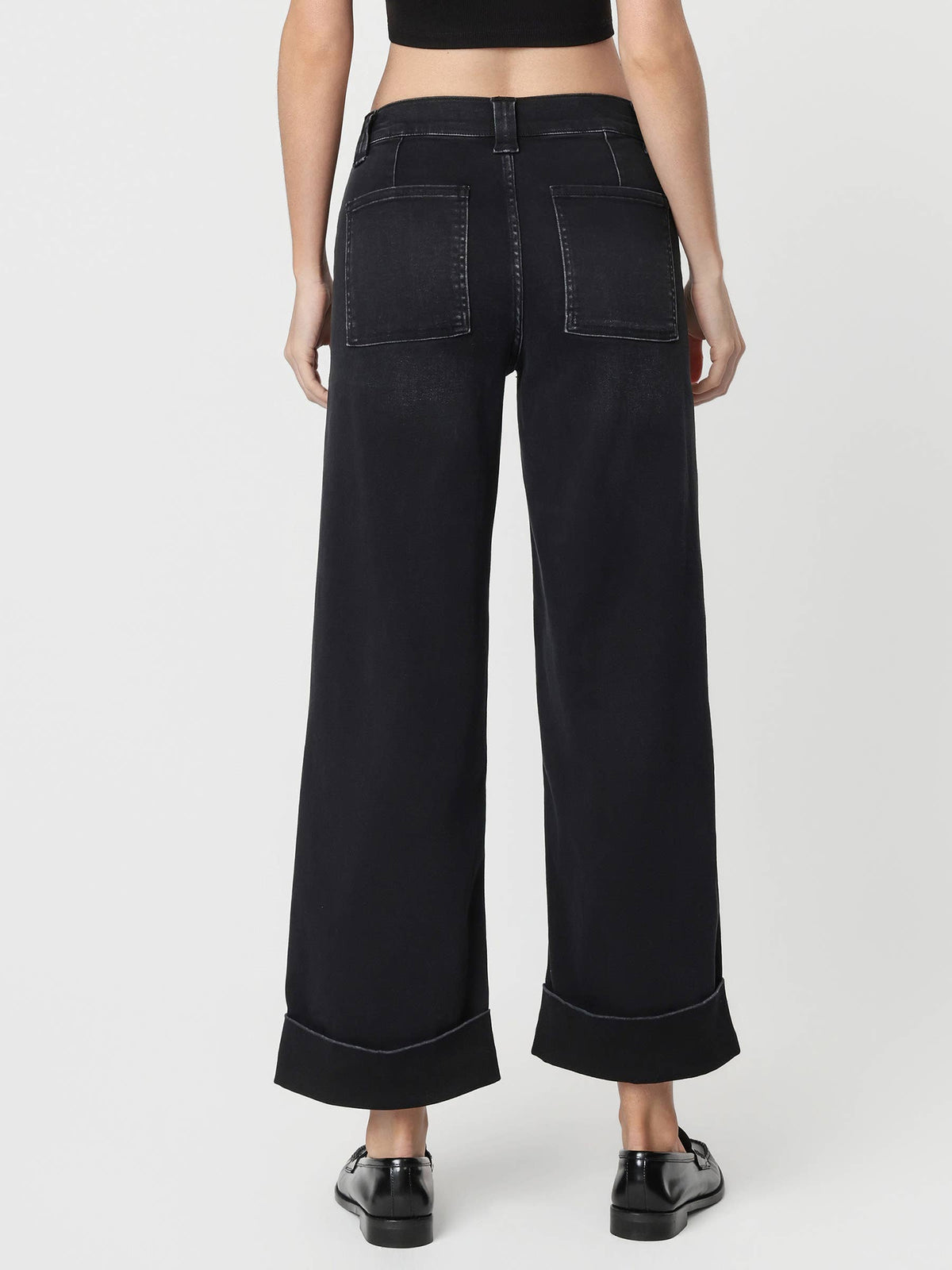 HR Elastic Waist Cuffed Wide Leg Jean-Black