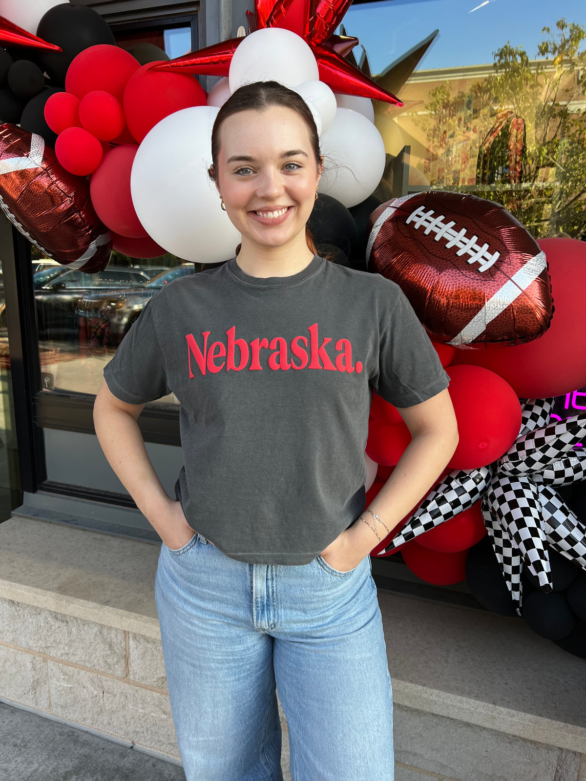 Nebraska Puff Lettering Long Crop Tee- Charcoal