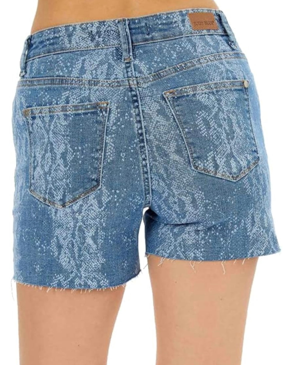 Mid Rise Snake Print Denim Shorts