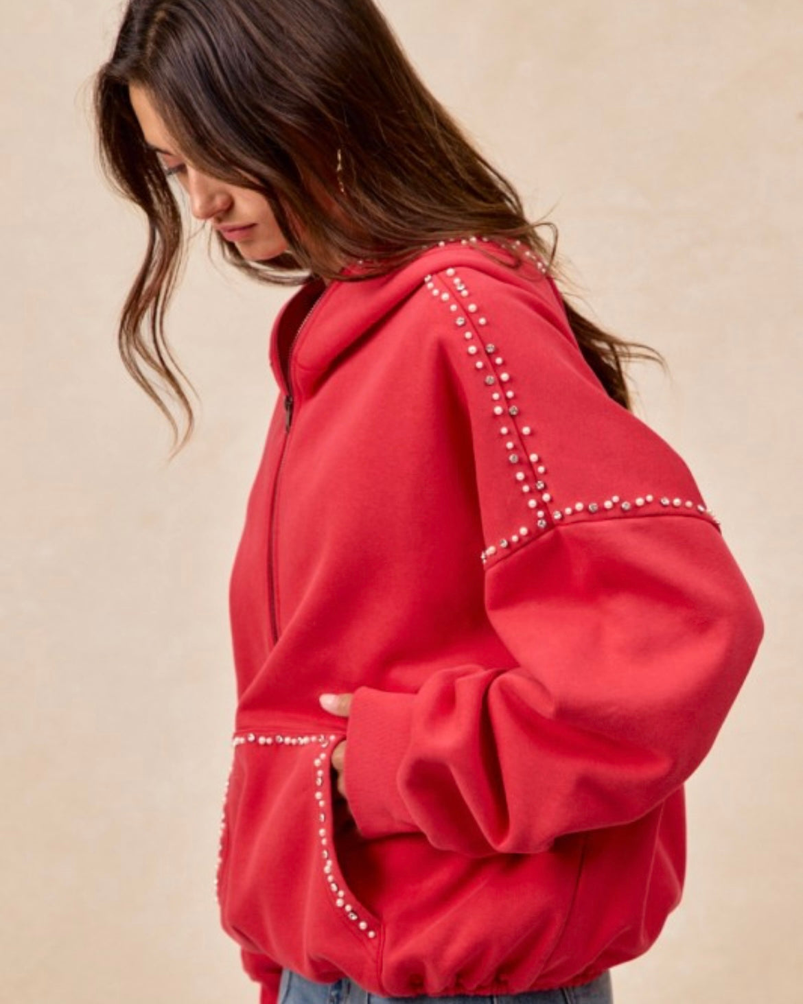 Brushed Terry Half Zip Red Bejeweled Hoodie