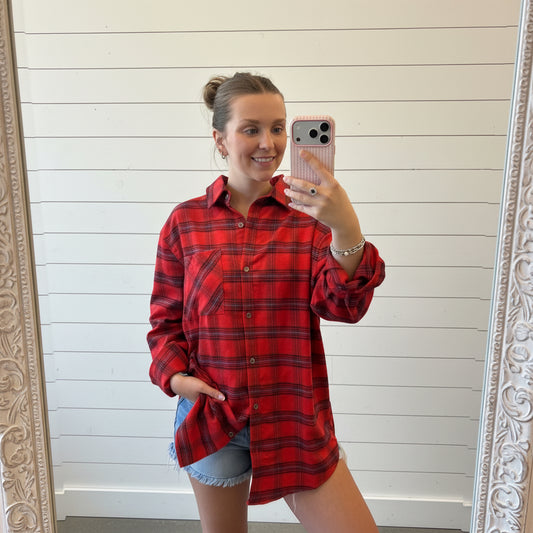 Loose Fit Soft Fabric Plaid Shirt (Red)