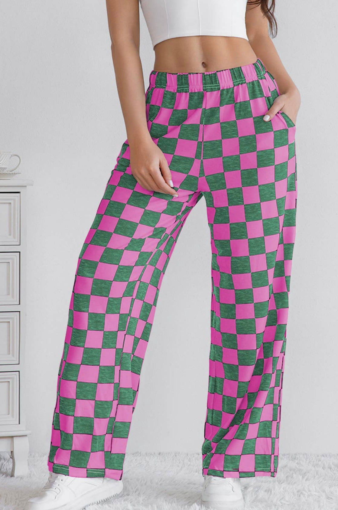 Checkered High Waist Wide Leg Pants