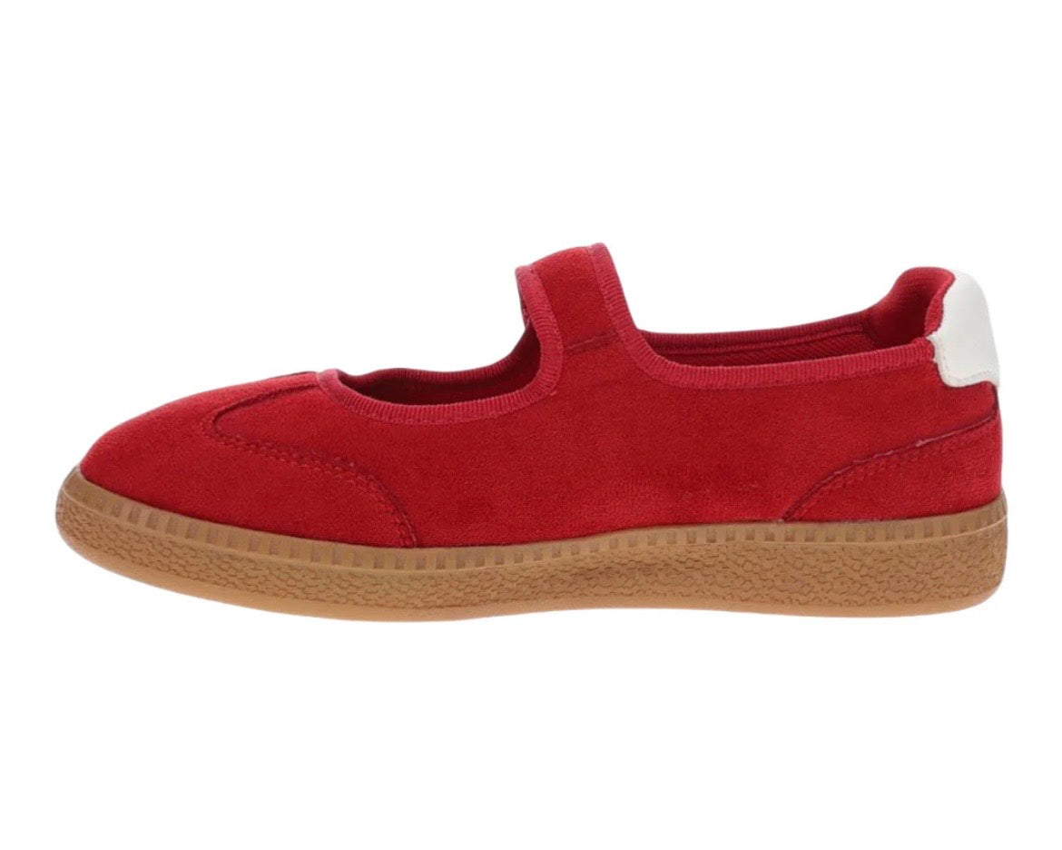 Red Faux Suede Mary Jane Flats