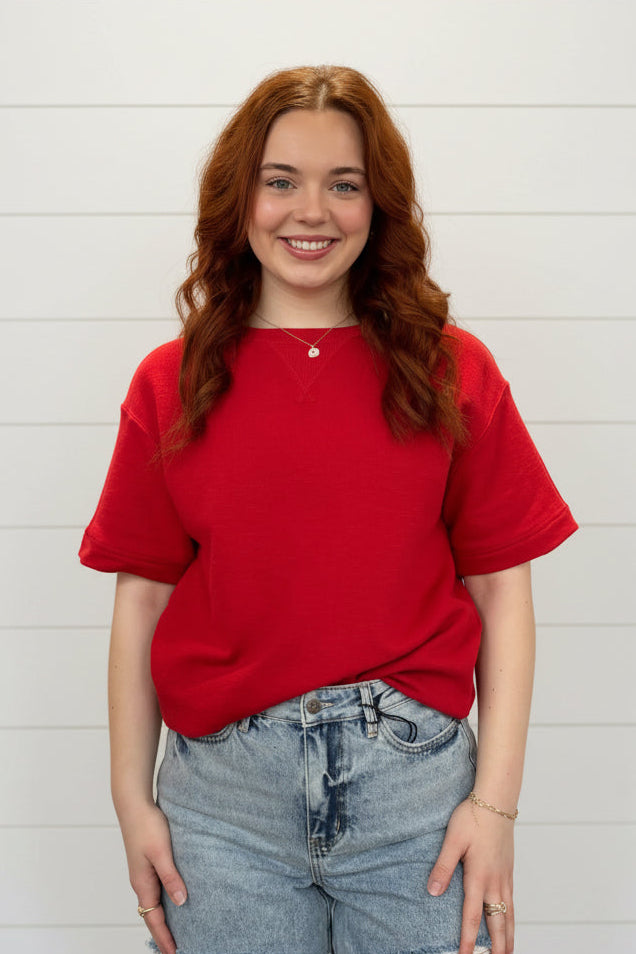 Crew Neck Short Sleeve Top: RED