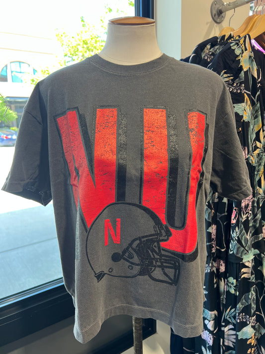 NU Football Dk Grey SS Long Cropped Tee