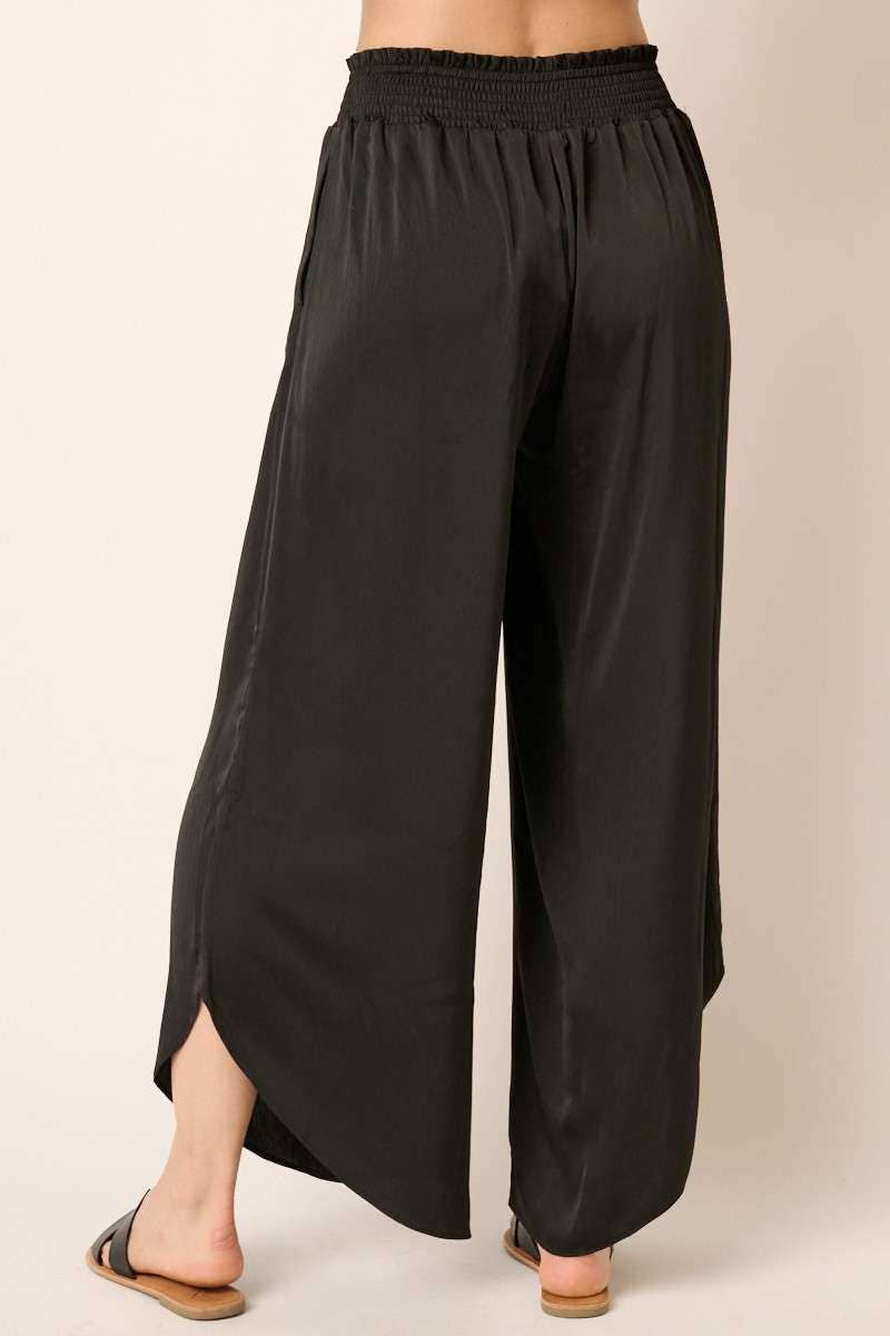 SATIN SMOCKED WAIST WIDE LEG PANTS