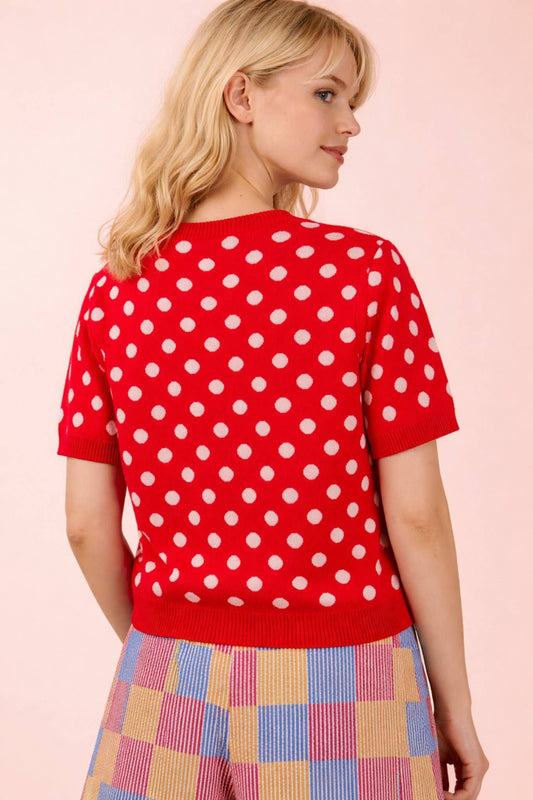 Polka Dot Button Down Cardigan: TOMATO