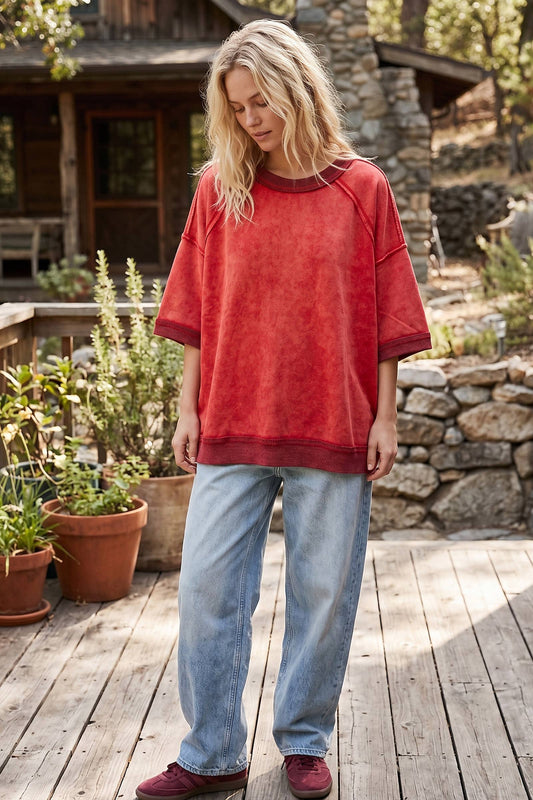 Mineral-Washed Oversized French Terry Top: Red