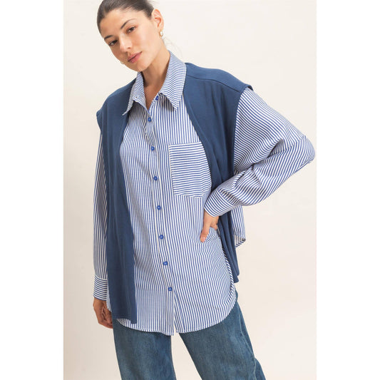 Striped Button-Up Shirt With Faux Tie: NAVY