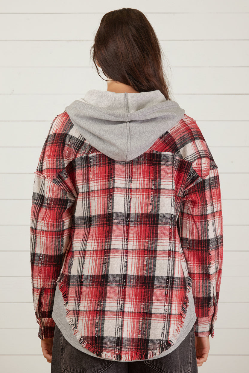 Oversized Flannel Hooded Button Down Jacket: RED MIX