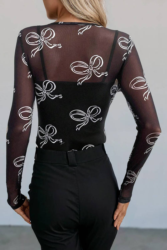 Bow Print Long Sleeve Mesh Top