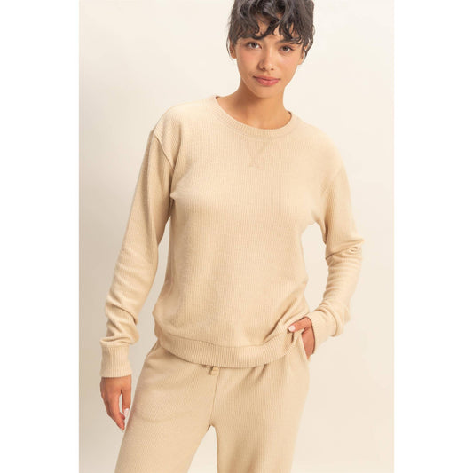 Brushed Crew Neck Long Sleeve Top: LIGHT TAUPE