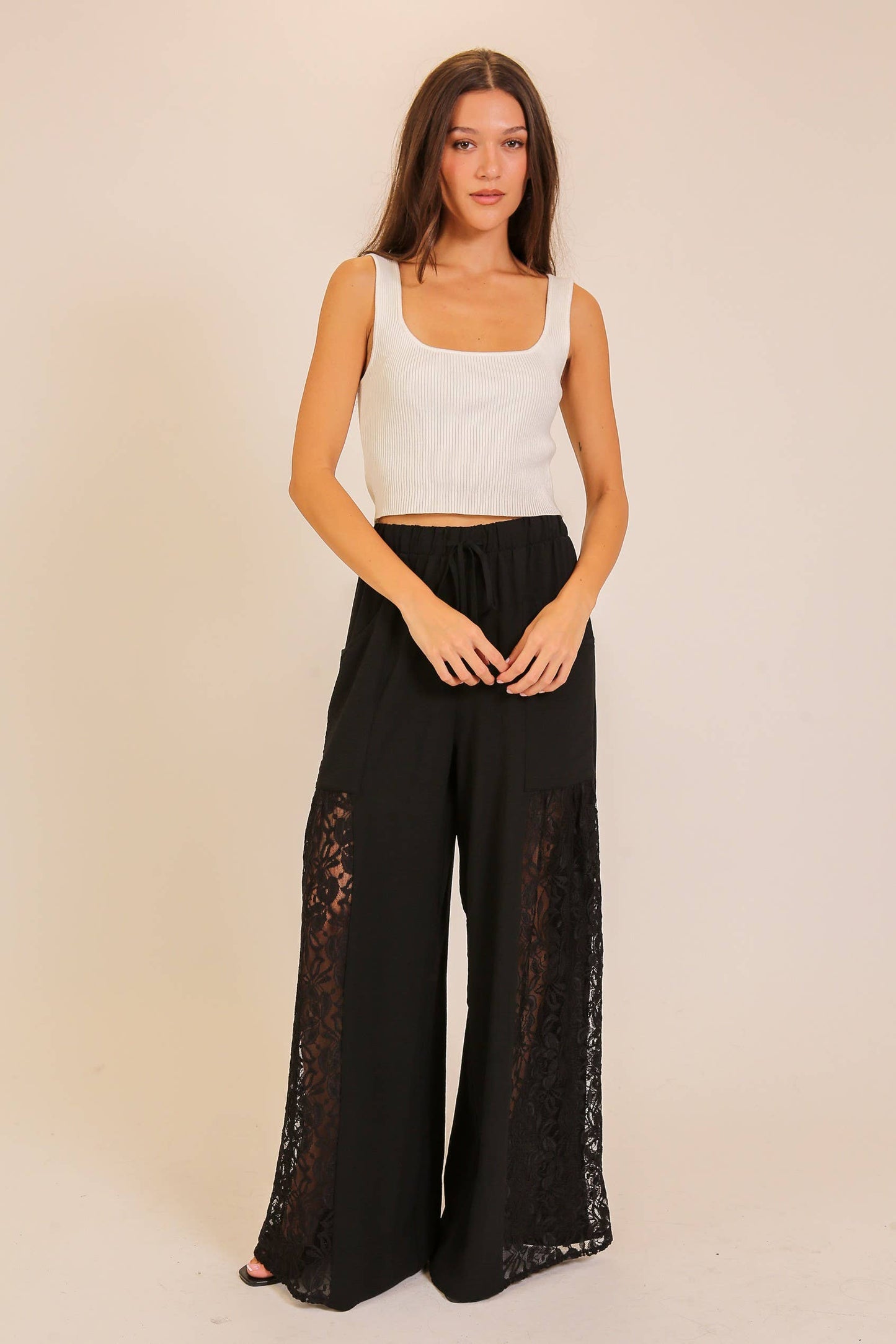 Wide Leg Lace Panel Pants: Black