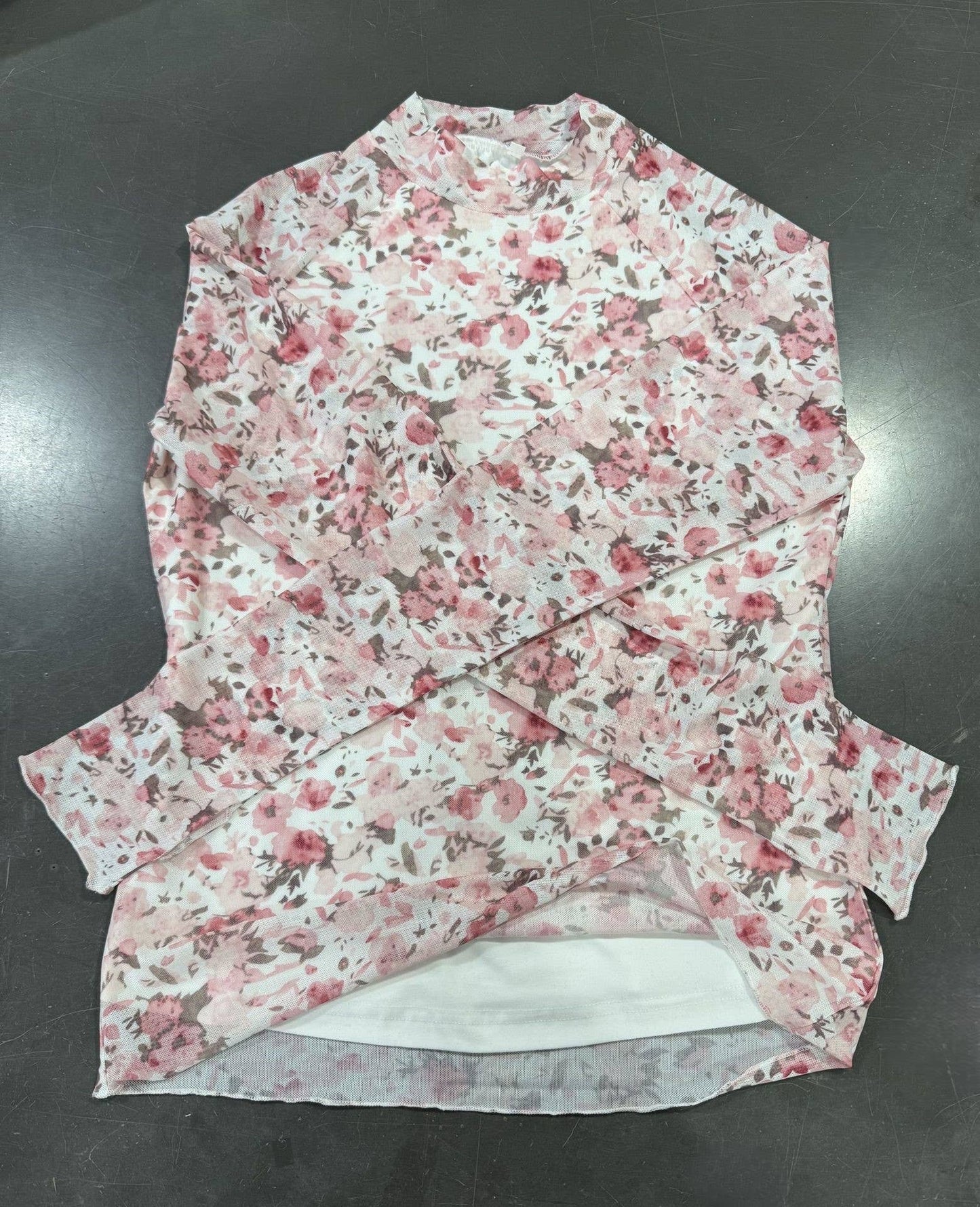 High-Neck Lace Floral Mesh Top