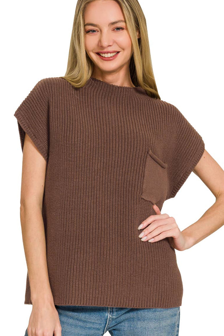 Mock Neck Short Sleeve Sweater-Chocolate