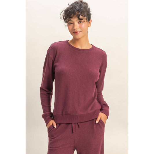 Brushed Crew Neck Long Sleeve Top: DARK CHERRY