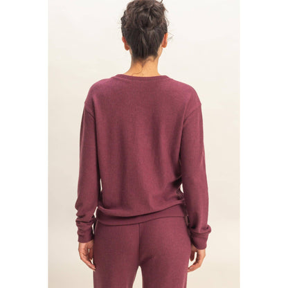 Brushed Crew Neck Long Sleeve Top: DARK CHERRY