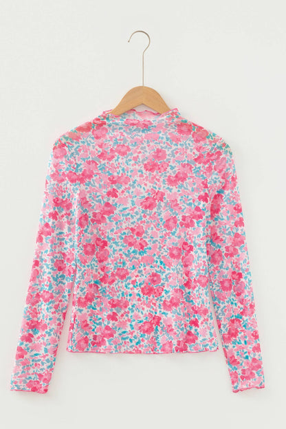 Floral Mesh Mock Neck Top: Pink