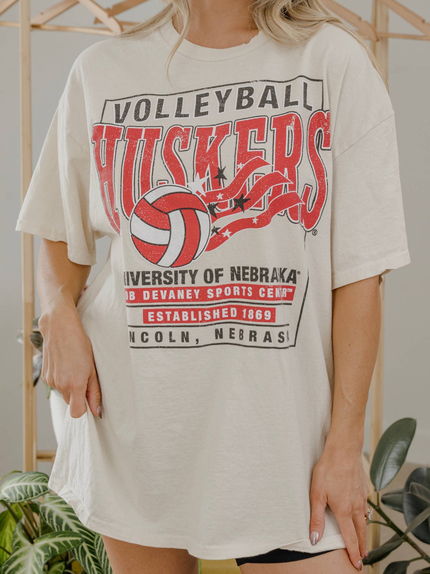 NE Huskers Volleyball Stars Off White Thrifted Tee