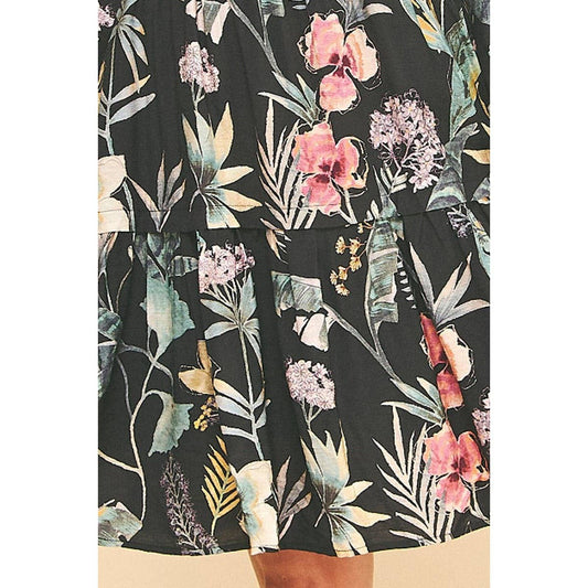 Floral Print Tiered Maxi Dress: Black