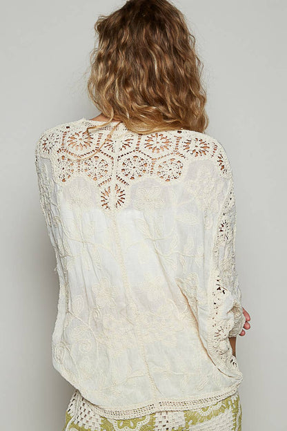 Crochet V-Neck Cardigan: NATURAL